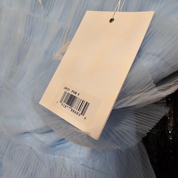Mac Duggal 20529 Blue Feathered Strapless Tulle Fit and Flare Dress Size 8 - Picture 7 of 7
